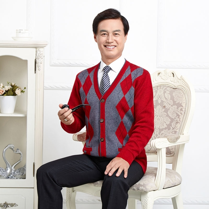 2016中老年爸爸男装羊绒衫 开衫秋冬装外套老年人毛衣加厚