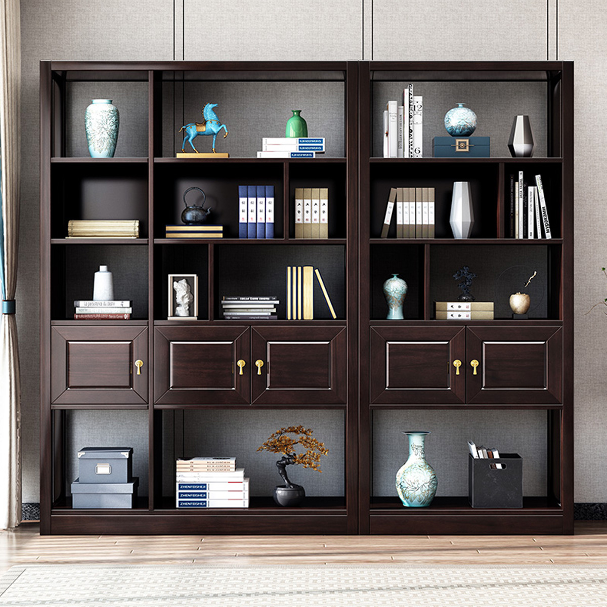 采百木(caibaimu)新中式书柜乌金木实木书房家具两门三门五门多组合