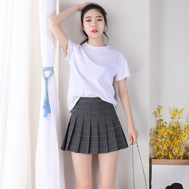 奶茶格子春夏季百褶裙春夏高腰a字裙短裙女学生小裙子ulzzang半身裙臻