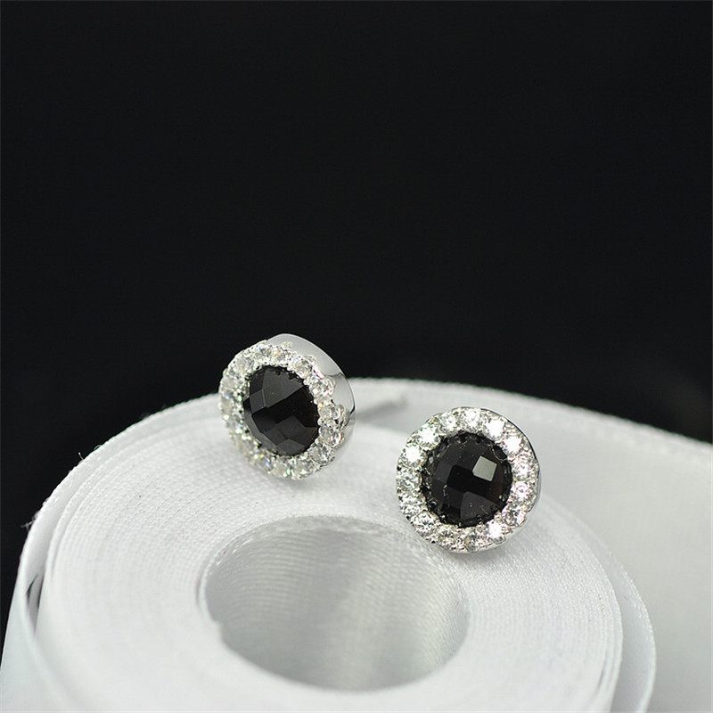 黑色耳钉方形耳坠椭圆形耳环女款镶嵌耳饰品送女朋友七夕情人节礼物