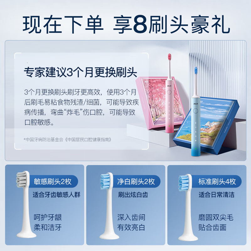 拜尔X3/X304电动牙刷 成人声波充电男软毛自动牙刷情侣男女士送女朋友海洋蓝520礼物(8刷头+便携盒)