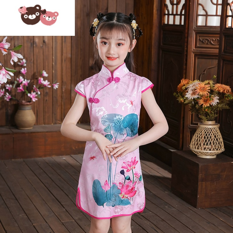 绿彩虹光小女孩改良儿童旗袍夏季短袖新裙子民族风连衣裙古筝表演中大
