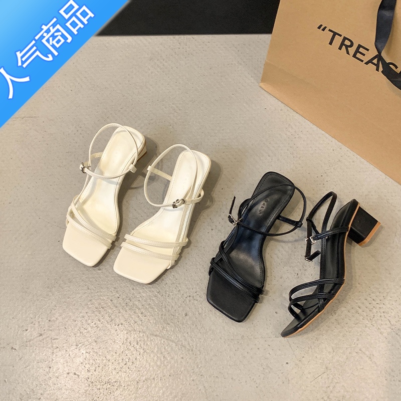 SUNTEK粗跟高跟鞋罗马凉鞋子女款夏季新款法式仙女风女士一字带时装凉鞋高清大图