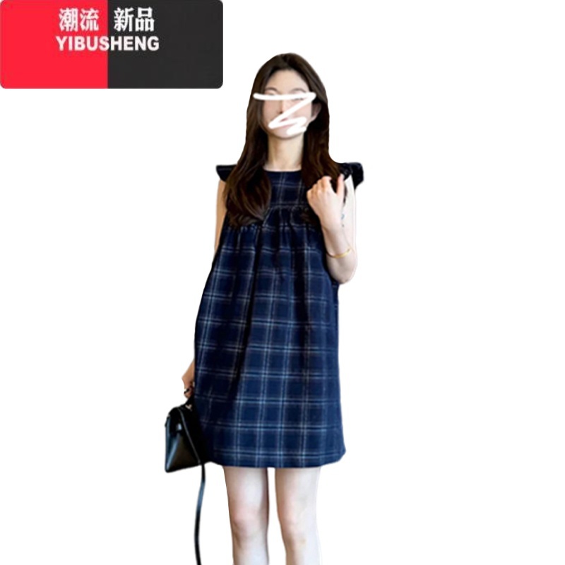 YIBUSHENG蓝色小飞袖格子吊带连衣裙子女装季2024新款小个子无袖背心短裙高清大图