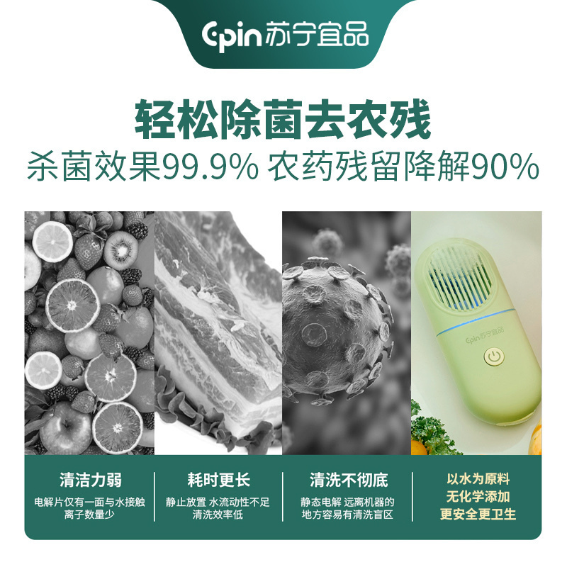 生活元素果蔬清洗机家用洗菜机蔬菜水果食材净化机器去农残清洗机消毒神器 无线便携Y9 浅绿色 其他颜色请备注
