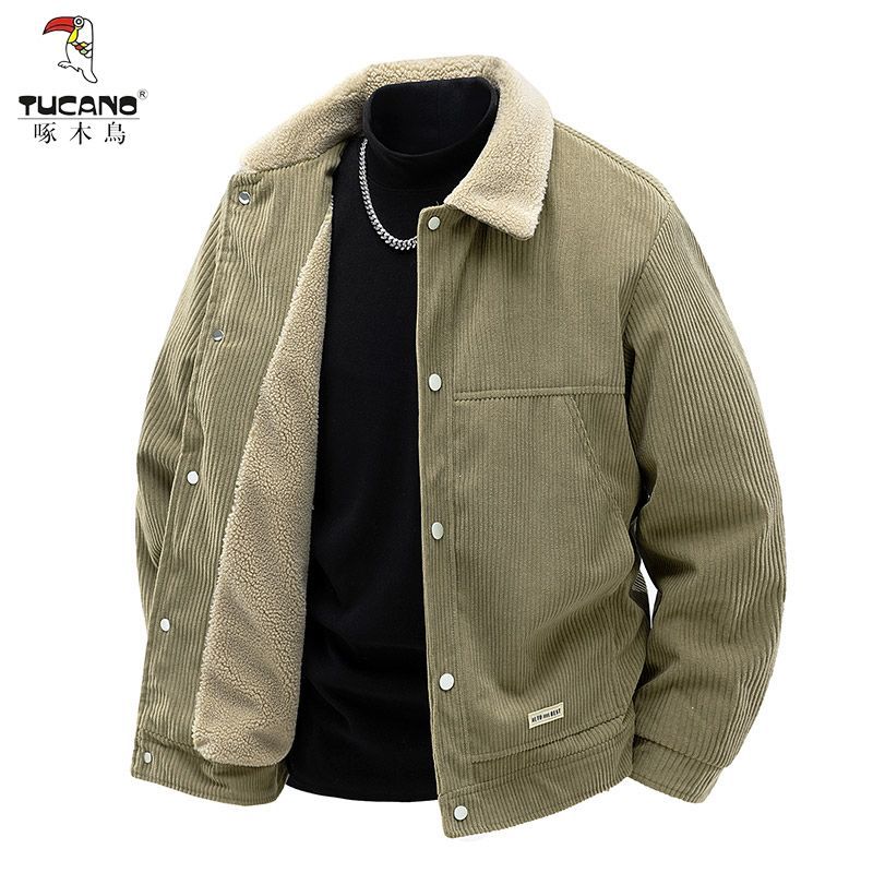 啄木鸟加绒外套男秋冬2025新款加厚保暖男士上衣休闲翻领夹克男款高清大图