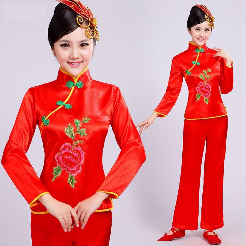 新款大妈秧歌服腰鼓舞扇子舞蹈服装演出服装女成人中老年广场舞服红色
