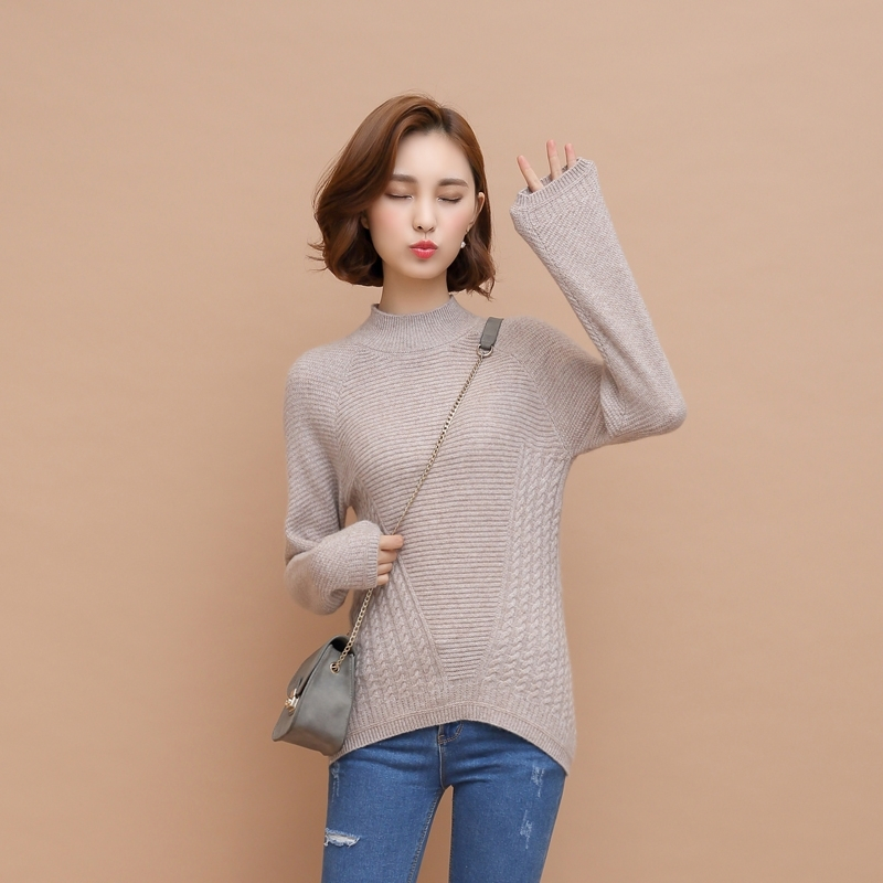 新款山羊绒衫女扭花半高领短款前短后长加厚大码修身大码毛衣