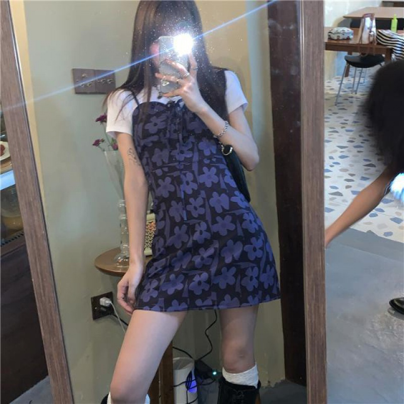 SEOUL韩风chic复古碎花印花温柔冷淡风连衣裙女2020紫色吊带裙[15天内发货]