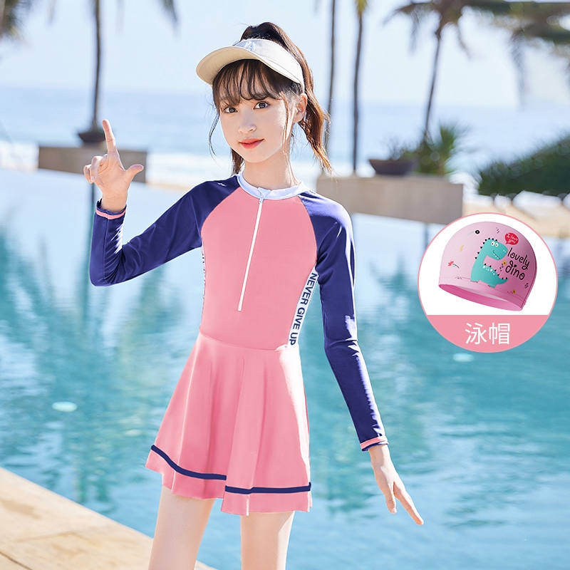 迈高登儿童泳衣女童长袖连体泳装女孩小中大童防晒女孩游泳衣夏