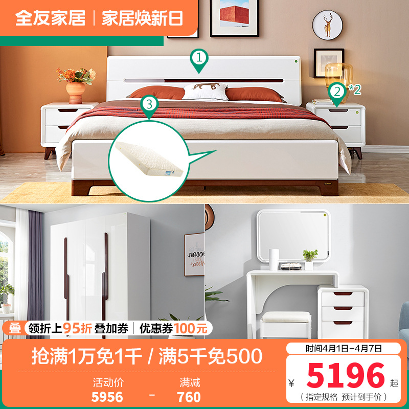 全友家居 现代简约卧室家具套装 双人床衣柜梳妆台凳 1.5米床+床头柜*2+105001床垫+四门衣柜+梳妆台凳
