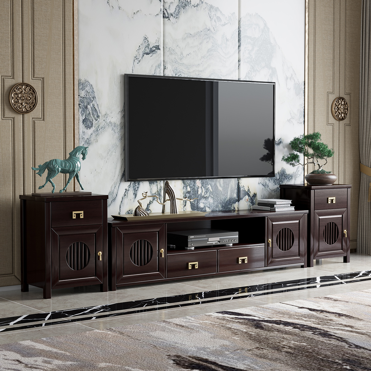 中式实木电视柜茶几组合