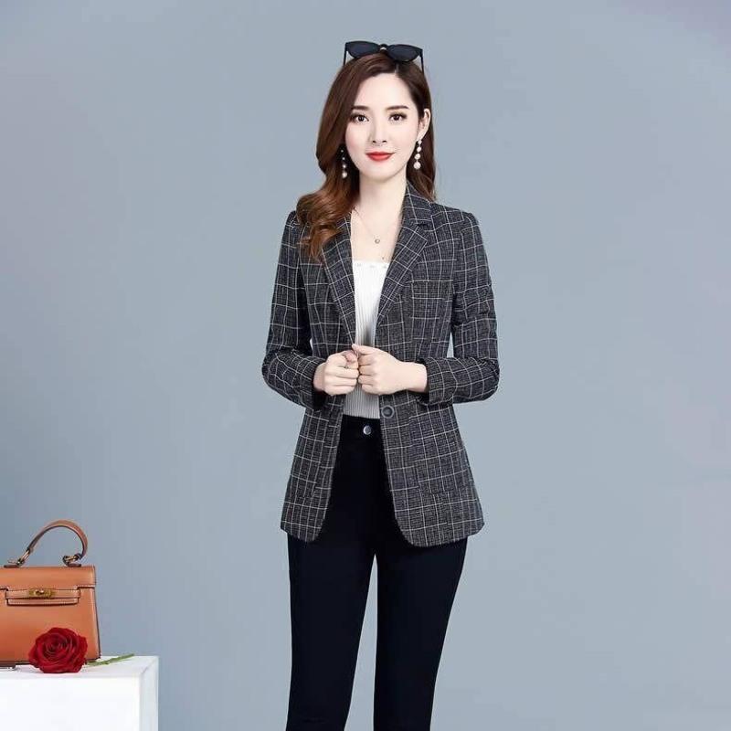 春秋新款流行格子长袖小西装女薄款外套休闲女神范西服褂子上衣女黑格