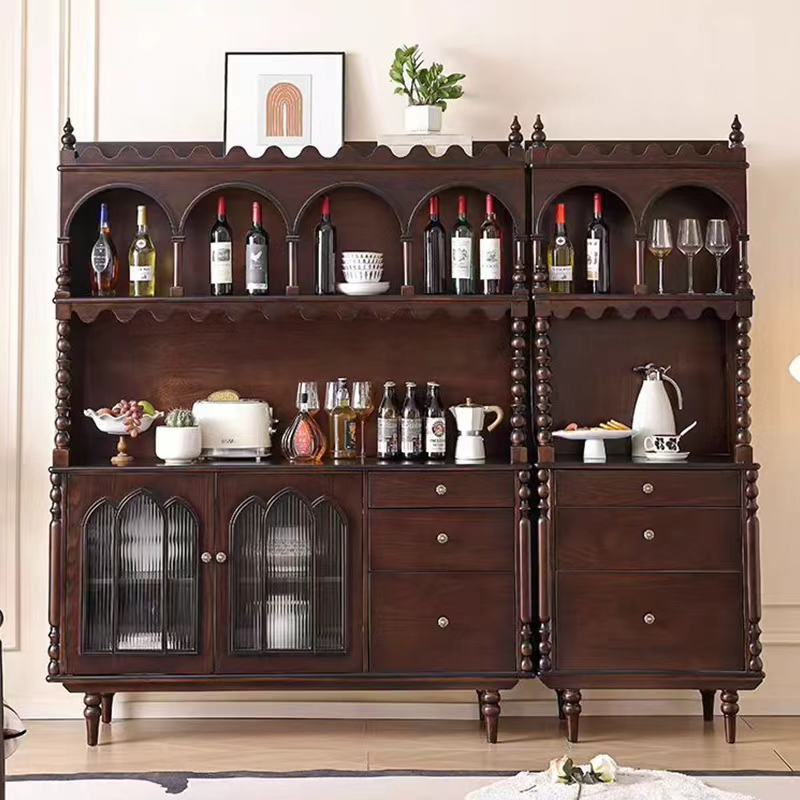 复古实木餐边柜餐厅一体靠墙柜储物柜客厅茶水柜中古风酒柜收纳柜高清大图