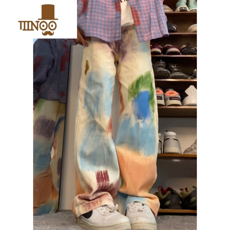 YANXUe020水洗涂鸦牛仔裤高街直筒休闲裤美式新款感裤子男女长裤水高清大图