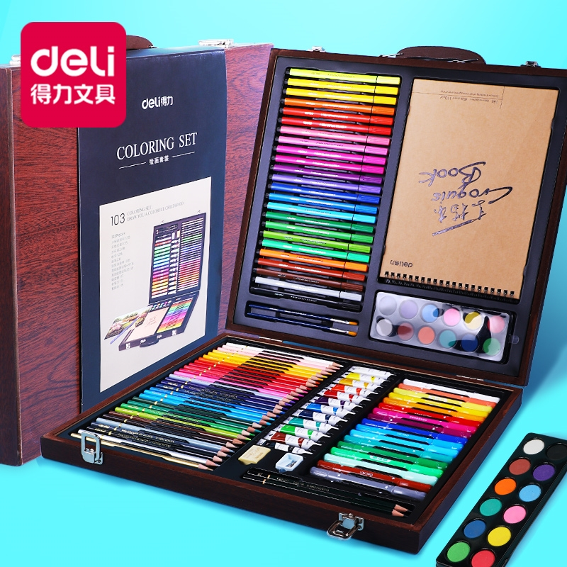 得力(deli)水粉颜料套装水彩画颜料初学者小学生用品美术专业绘画色彩固体水 汪汪队绘画礼盒套装-粉色围裙袖套12色套装