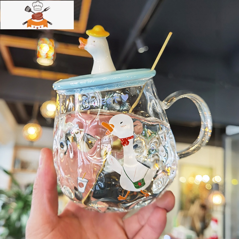 可爱玻璃杯子女ins风带盖勺马克杯办公室水杯家用牛奶早餐咖啡杯 敬平92可2用平 蓝盖饮料-450ml 均码