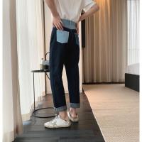 梵克公牛新款设计感拼边牛仔裤男宽松韩版潮流百搭休闲裤子 藏蓝色