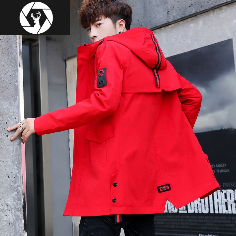 hongzun大红色风衣男装夹克春秋本命年穿潮男外套韩版修身中长款连帽