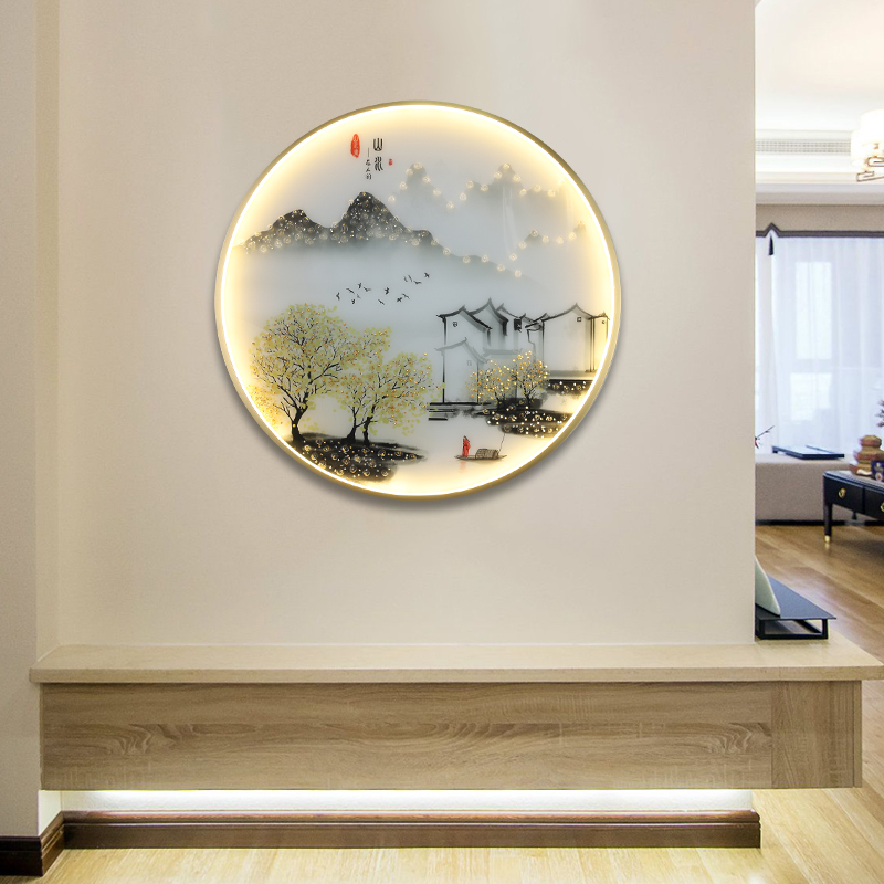 克罗斯塔 简约现代装饰山水壁画客厅餐厅入户玄关轻奢晶瓷山水画圆形LED带灯壁画壁灯