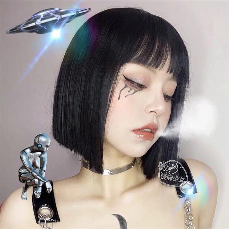 假发女朋克风一刀齐短发帅气o头气质修圆脸空气刘海全头套|黑色 大钢