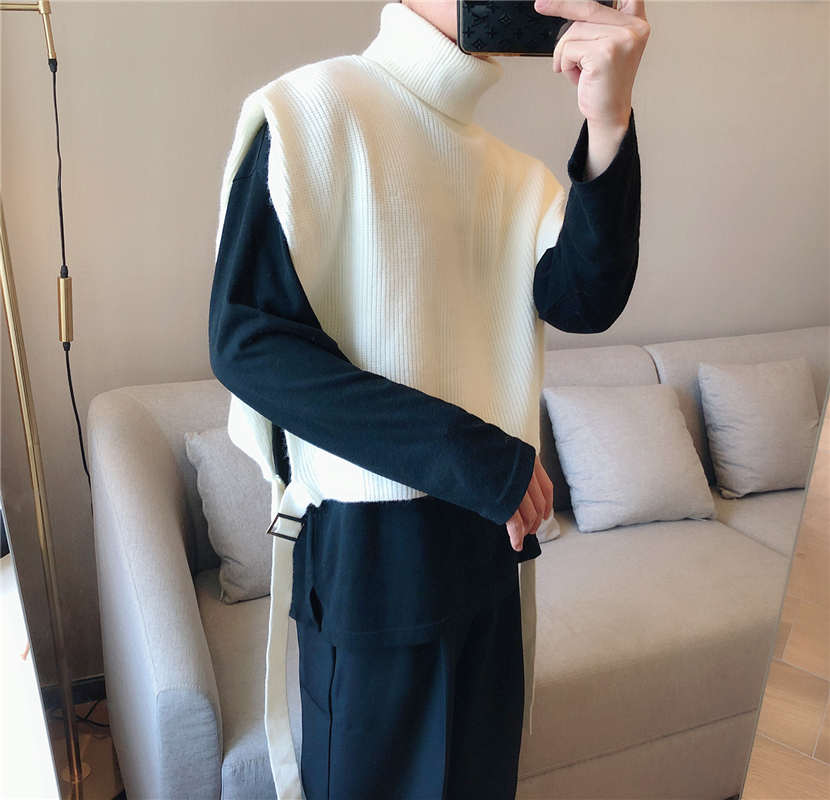 SUNTEK秋冬新款设计感无袖坎肩男士套头个性马甲宽松高翻领披肩开衩毛衣马甲/背心
