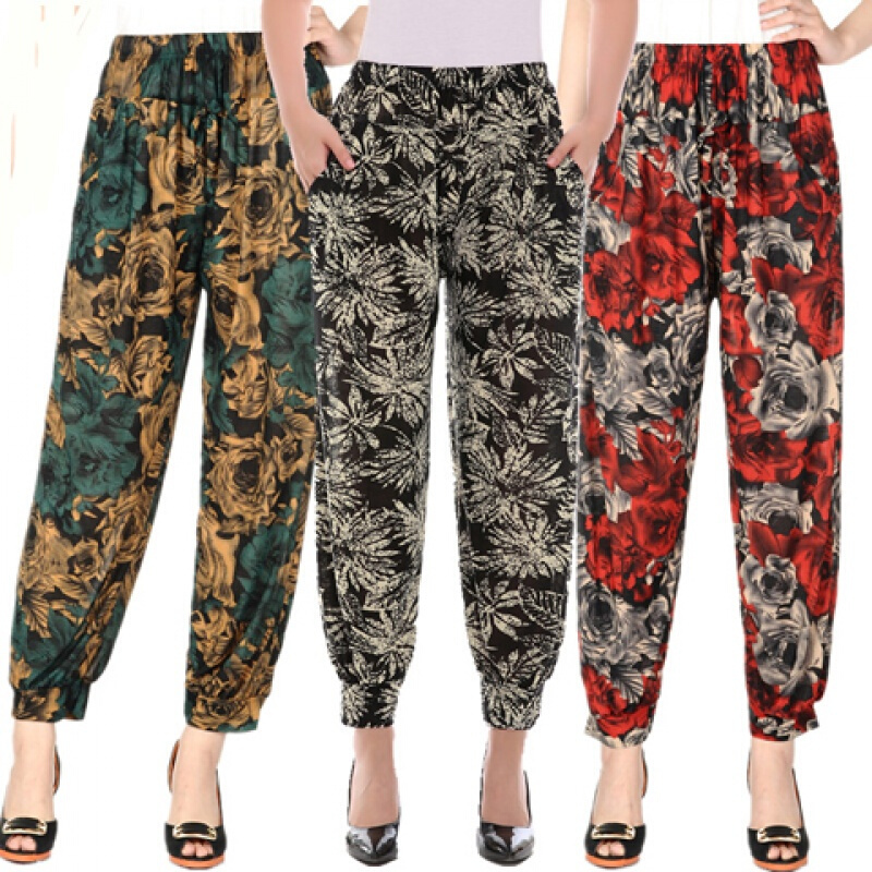 中老年女装花裤子女薄灯笼裤夏宽松大码妈妈裤九分裤高腰