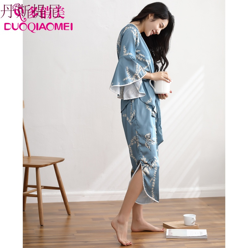 日式和服睡衣女士长袖套装冰丝秋季女性感丝绸家居服春秋款