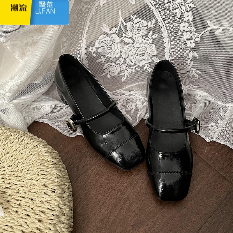 聚范银色法式中跟玛丽珍鞋女浅口配裙子晚风温柔单鞋粗跟芭蕾jk小皮鞋 黑色 35