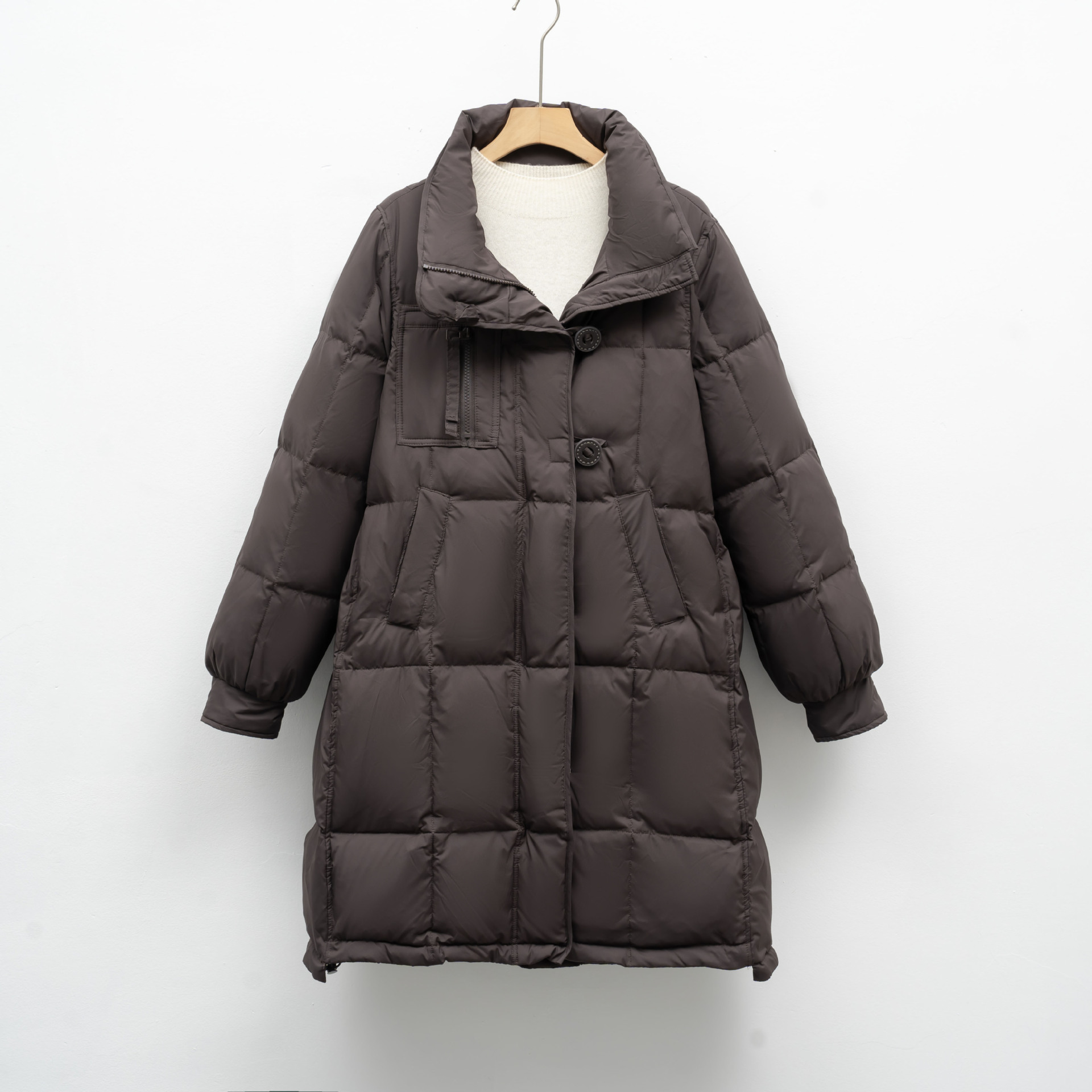 白鸭绒纯色韩系连帽羽绒服女宽松新款冬中长款加厚外套潮 巧克色 M