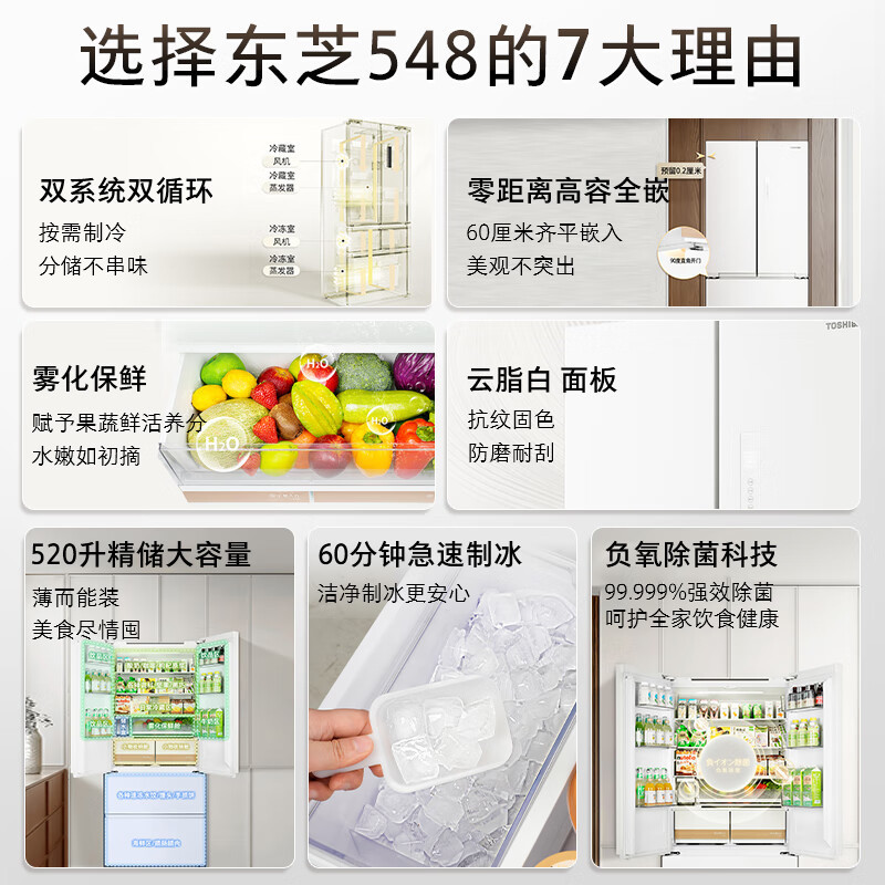 东芝(TOSHIBA)白珍珠548双系统超薄嵌入大容量制冰法式多门四门一级家用非大白梨箱GR-RF548WI-PM165