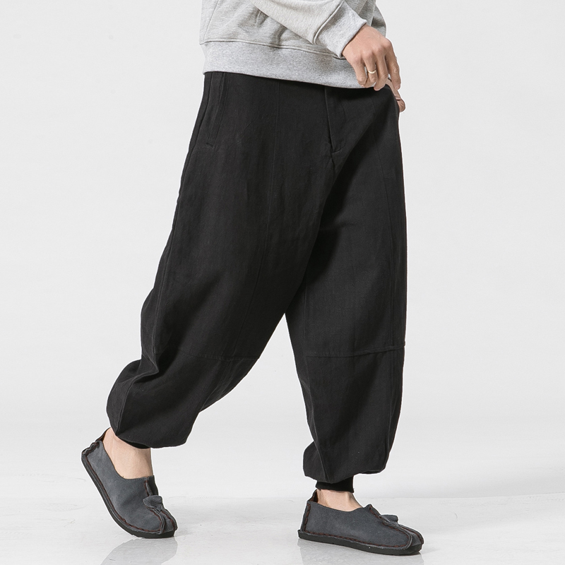 大码亚麻棉麻哈伦裤子男士中国风休闲裤灯笼裤大裆宽松阔腿裤春夏