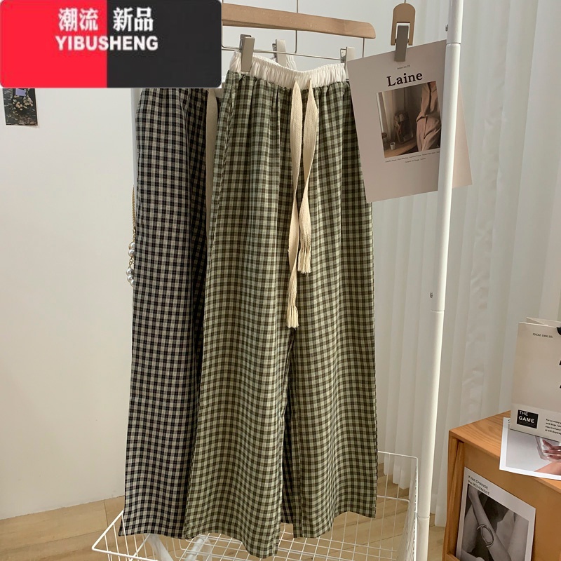 YIBUSHENG美式格子休闲裤女早秋新款垂感高腰百搭直筒长裤宽松显瘦阔腿裤搭高清大图