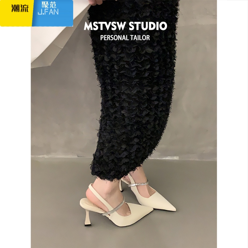 聚范黑色高跟鞋女细跟2024新款尖头包头凉鞋配裙子法式玛丽珍单鞋 米白色8CM 34
