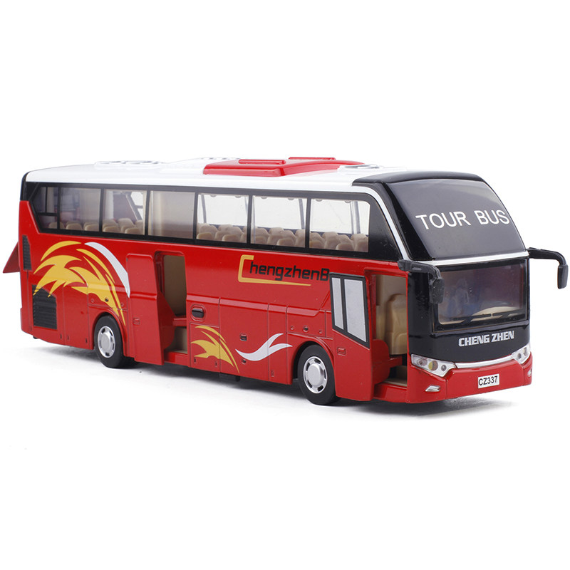 彩珀儿童玩具车礼品真人发声旅游巴士大巴公交车声光回力汽车模型红色