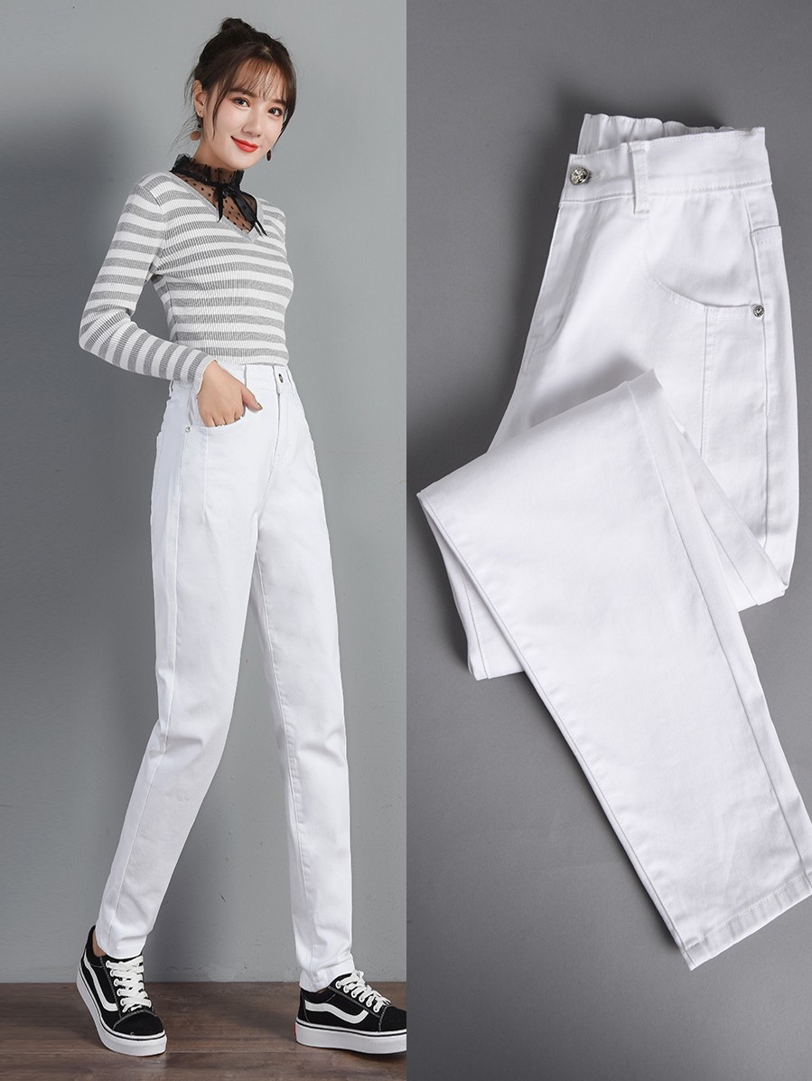 yibusheng白色牛仔裤女长裤春秋款休闲松紧腰高腰直筒裤大码女士九分