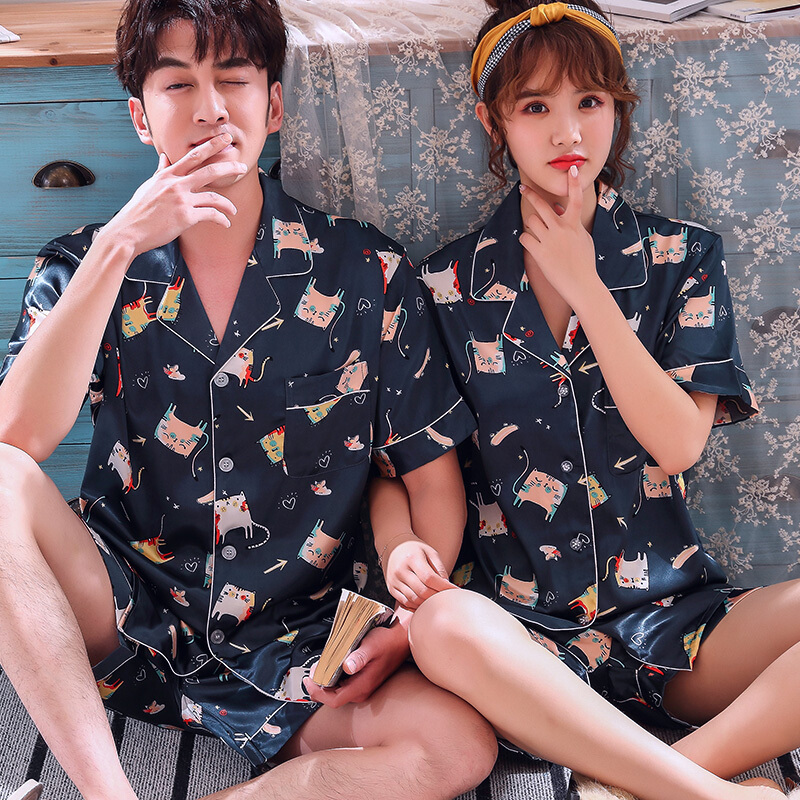 波迷娜(BOMINA)春夏季休闲薄款可外穿家居服睡衣韩版夏天冰丝短袖薄款睡衣女夏家居服睡衣男