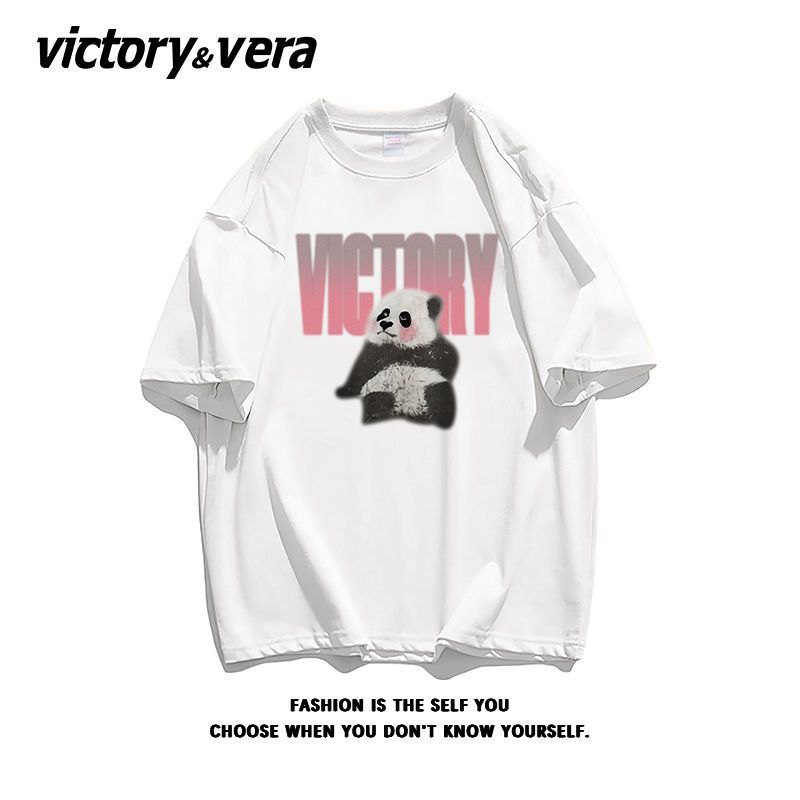 VICTORYVERA夏季2022新款ins熊猫印花短袖T恤女纯棉宽松半袖上衣