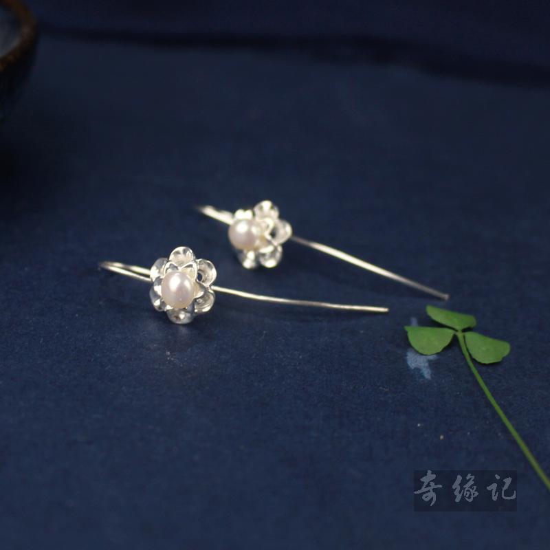 日韩版天然珍珠耳坠925纯银唯美花朵耳环女气质甜美耳钉 时尚饰品送女朋友老婆生日礼物送女朋友七夕情人节礼物