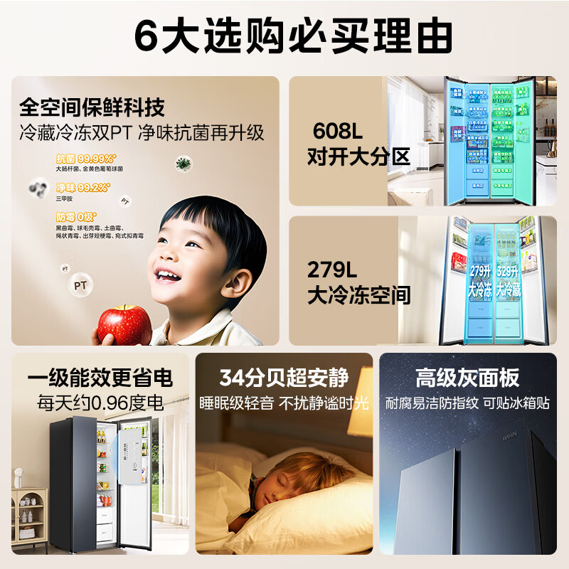 [自营]美的冰箱出品华凌HR-640WKP 608升对开门冰箱自动除霜风冷变频节能独立放置仲夏夜设计高清大图