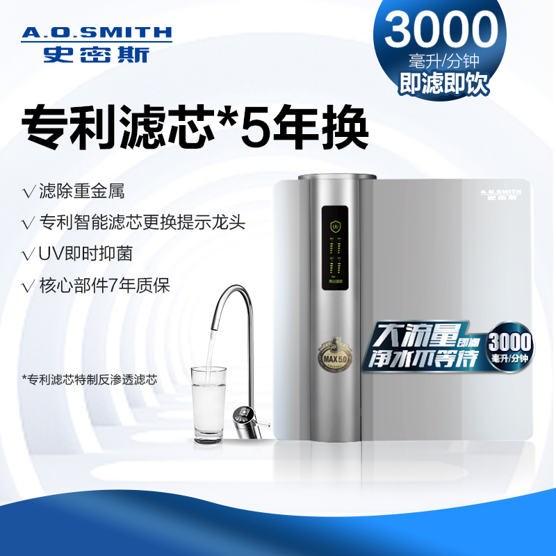 AO史密斯(A.O.Smith)厨下式家用直饮净水器3000F1(AR1300-S1) 3升大流量净水机纯水机