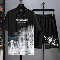 运动休闲套装男士夏季新款潮韩版大码短袖短裤两件套_717 2XL A05铁桥套装-黑色
