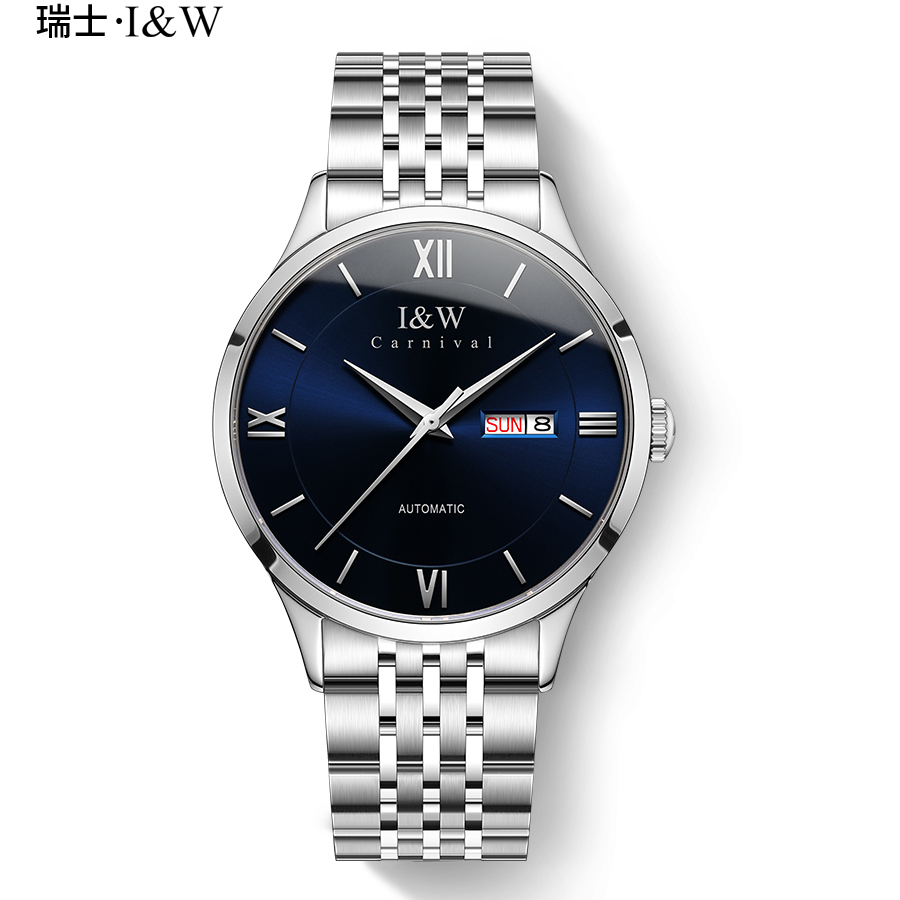 瑞士爱沃驰I&W CARNIVAL手表全自动机械表 男表复古进口机芯防水商务腕表简约双日历表8510G 银刻蓝面