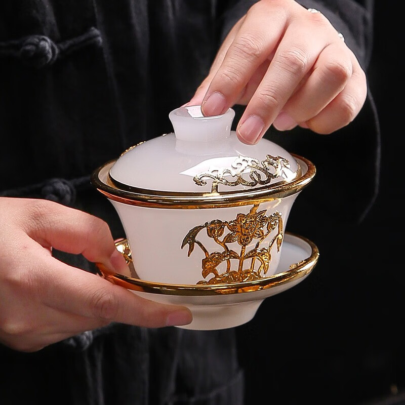 金镶玉 玉瓷镶莲茶具套装 晶玉瓷手工镶嵌陶瓷盖碗茶杯公道杯套装高清大图