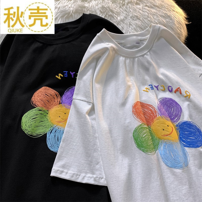 秋壳纯棉日系原宿ins风潮牌花朵印花短袖T恤女2022百搭圆领上衣潮
