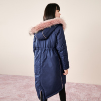 藏青色羽绒服中长款收腰2019秋装新款连帽前短后长外套女冬太平鸟
