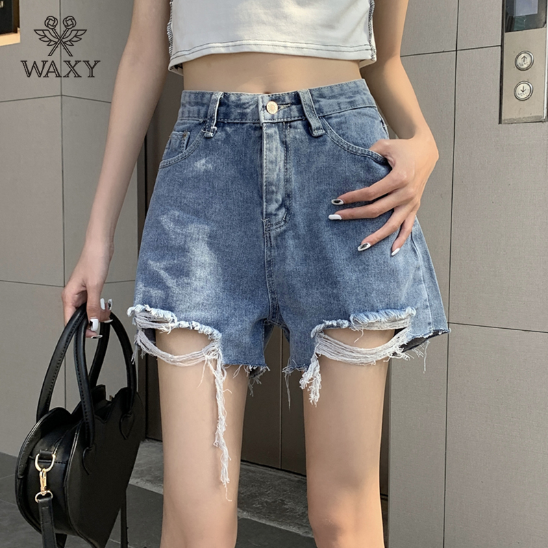 WAXY高腰牛仔短裤2022新款夏季破洞宽松显瘦a字阔腿裤ins潮女热裤