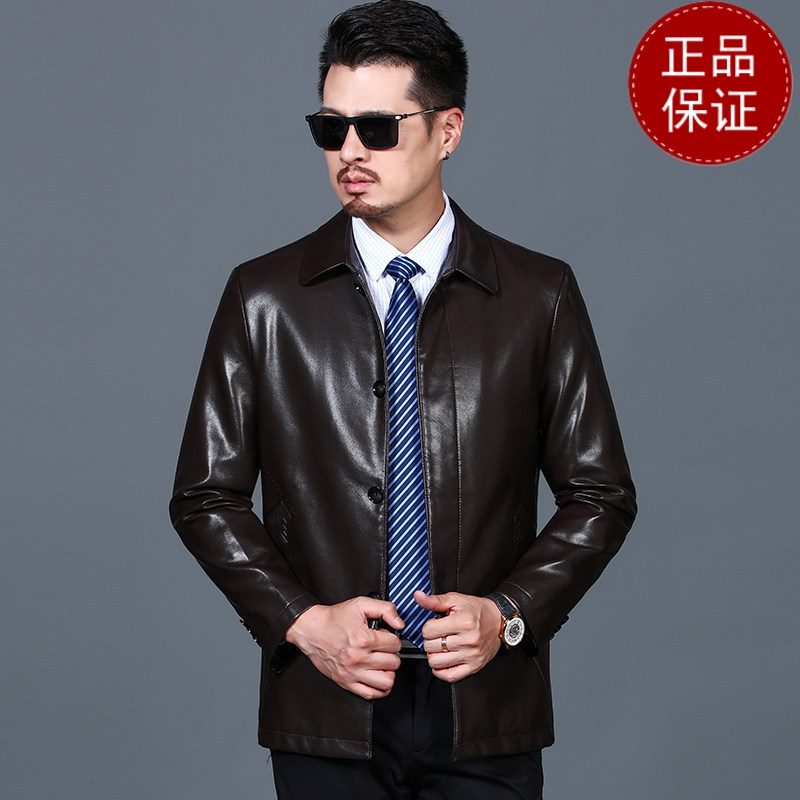 免费试穿加绒加厚秋冬男装皮衣外套中老年皮夹克黑色仿皮上衣单排扣暗襟2021冬装新款外套潮_742 180 棕色