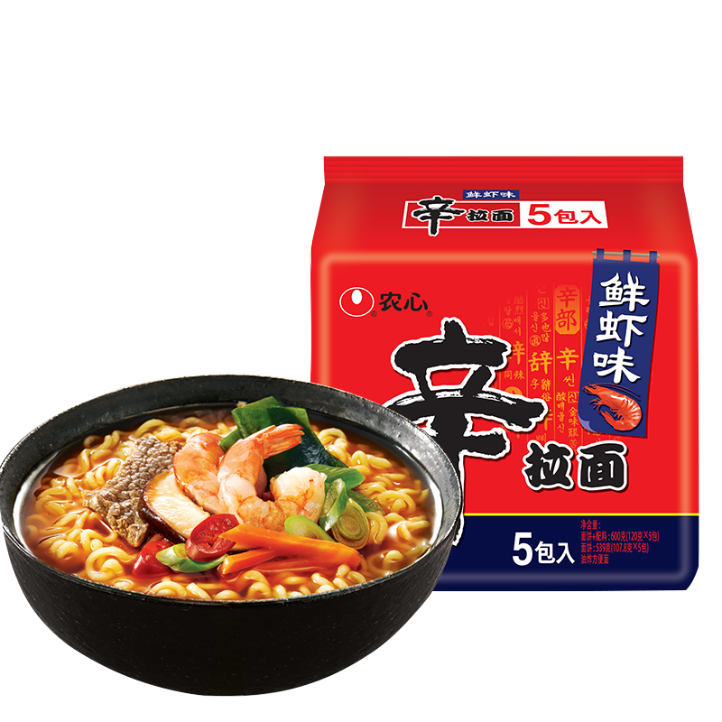农心辛拉面鲜虾味120g5袋装方便面韩式拉面泡面煮面速食
