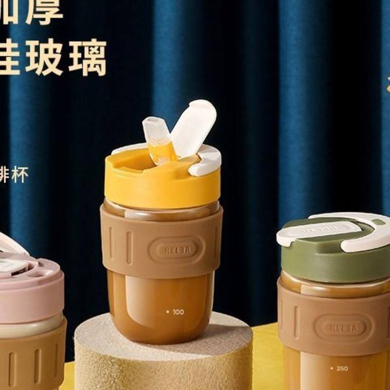 物生物耐高温玻璃水杯男女生带盖玻璃杯子吸管泡茶杯韩版咖啡杯子 芒果黄 360+杯刷